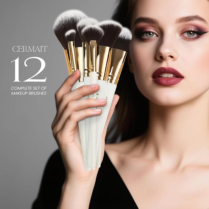 Makeup Brushes Set Professional & Beginner Friendly with Uniquely Designed Case, Soft Synthetic Bristles for Foundation Contour Blush Concealer Highlight Blending Eyeshadow, 12Pcs (Milky White)