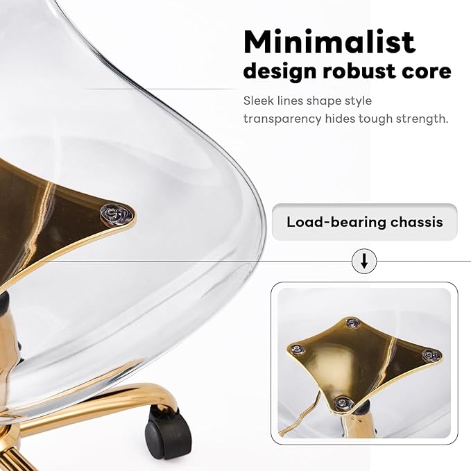 Lessmore Clear Acrylic Desk Chair, Modern Small Acrylic Home Office Chairs with Wheels, Armless Swivel Vanity Rolling Chair for Office, Home (Gold)