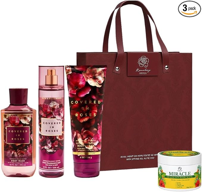 Covered in Roses - Valentine's Day Collection - White Barn - Bath Body/Work - 3 Full Size and New Gift Bag with Miracle Brazilian Hair MASK (Packaging May Vary)