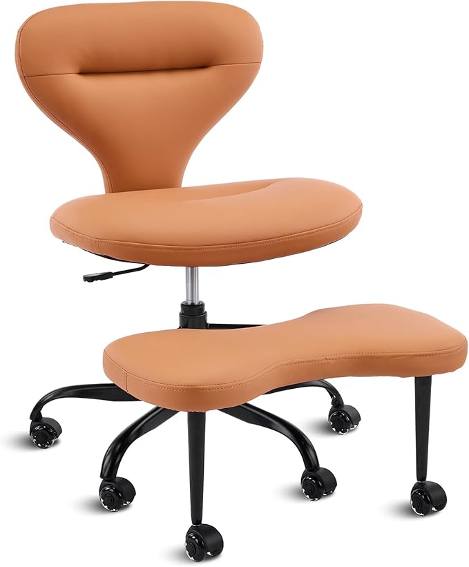 YFO Ergonomic Cross Legged Office Chair and ADHD Meditation Chair with Silent Wheels for Home Office Desk Chair and Yoga, Wider Backrest Support and Storage Pockets Design, PU Leather, Orange