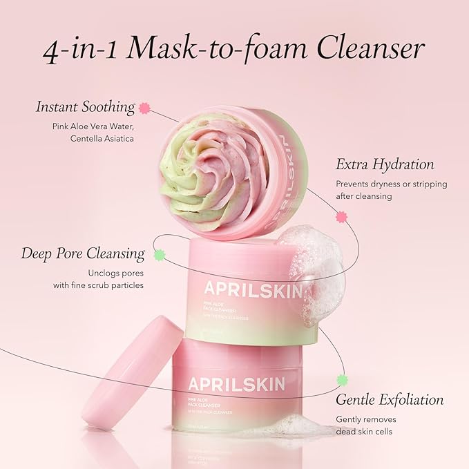 APRILSKIN Pink Aloe Facial Polish Cleanser | Gentle Exfoliation with Mungbean & Soybean Scrub | Removes Waterproof Makeup & Sunscreen | Non-Comedogenic Cleanser for All Skin Types | Korean Skincare