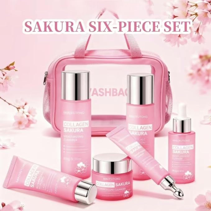 Collagen Sakura 6 Piece Skincare Set Cleanser Toner Moisturizing Lotion Hydrating Serum Firming Eye Cream Face Cream Comes with a make-up Bag Hydrating & Moisturizing for Fall & Winter