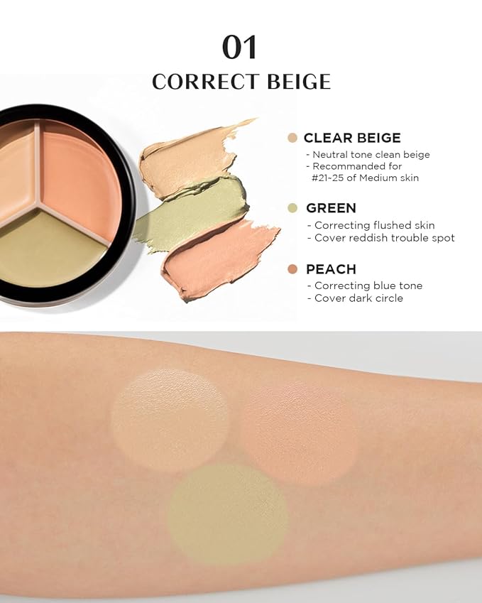 THESAEM Cover Perfection Triple Pot Concealer - 01 Correct Beige for Red Tone & Dark Circles - 3-Color Multi Concealer Palette for Skin Tones 21-23 - Korean Makeup with Sweet Almond Oil & Herbal Water