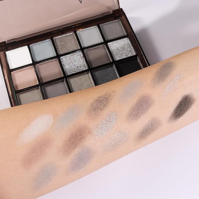 SUAKE 15 Colors Black Gray Silver Matte Shimmer Eyeshadow Palette for Eye Makeup,High Pigmented Brown White Eye Shadow Primers Powder Palet de sombras de ojos