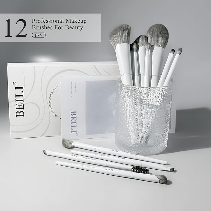 BEILI 12Pcs White Makeup Brush Set, Premium Synthetic Brushes for Foundation, Blending, Eyeshadow, Contour, Blush, and Eyeliner, Luxury Gift-Ready