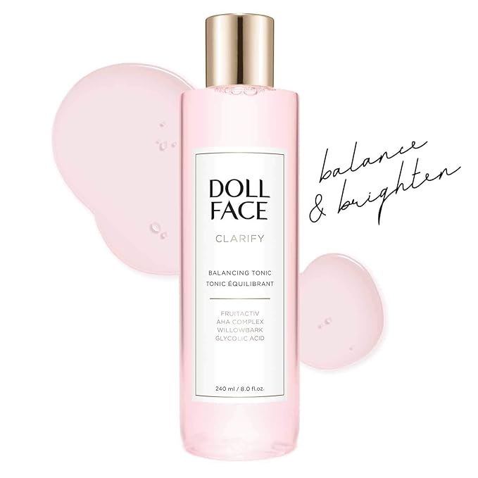 Doll Face Clarify Balancing Toner Glycolic Acid, Willow Bark and Enzymes, for Facial Soothing, Facial Toning 8oz