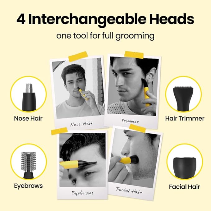 Gorilla Technique Nose Ear Hair Trimmer for Men, 10,000RPM 4 in 1 Nose, Eyebrow & Facial Hair, USB-C Rechargeable Battery, Waterproof Heads, Korean, 4 Heads