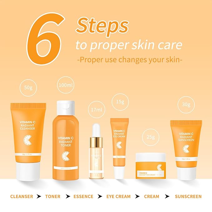Skin Care Set, Vitamin C Facial Kit for Women, Face Skin Care Kit with Facial Cleanser, Face Serum, Face Cream, Eye Cream, Toner, Sunscreen for Hydrating Skin