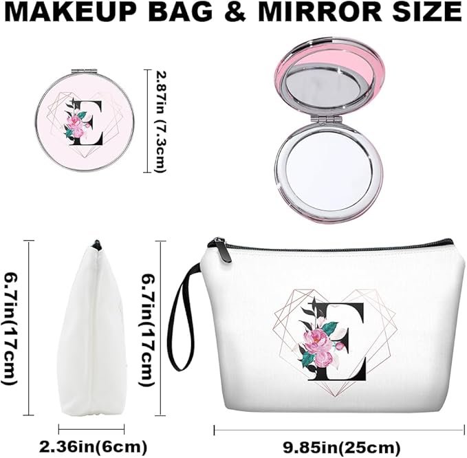Personalized Initial E floral Makeup Bag set with Mirror for Women,White Ietter E Bride Bridesmaid travel Cosmetic bag kit with10 pieces pink brush set,Initial Gifts for Girls Mom femal Friends