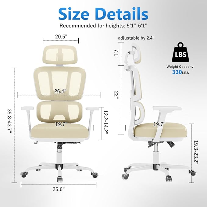Office Chair Ergonomic Desk Chair with Lumbar Support and Headrest, Thick Cushion Mesh Computer Chair with Armrest and Tilt Lock, High Back Home Office Desk Chairs for Men Women