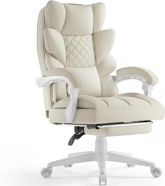 Dowinx Big and Tall Office Chair with Pocket Spring Cushion,High Back Computer Gaming Chairs with Linkage Armrests,Executive Desk Chairs with Footrest,PU Leather-White