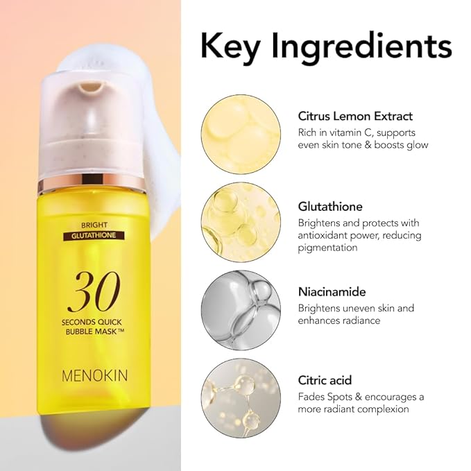 MENOKIN 30 Seconds Quick Bubble Mask [BRIGHT] - [Vitamin C] [Glutathione & Niacinamide] in Micro-bubbles for Dark Spots, Uneven Skin Tone, Korean Skin Care Essential, 50 Uses, 2.36 fl.oz