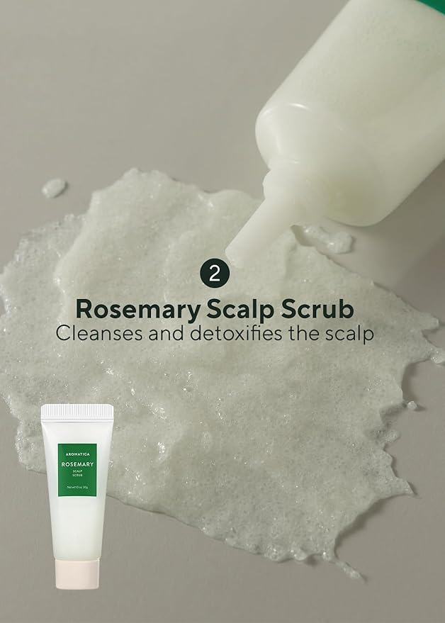 AROMATICA Rosemary Scalp Scaling Trial Kit - Travel Size Korean Hair Care Kit for Women with Mini Wooden Brush, Gentle Exfoliating Scalp Care for Hair Growth Product, with Rosemary Oil & Vegan Formula