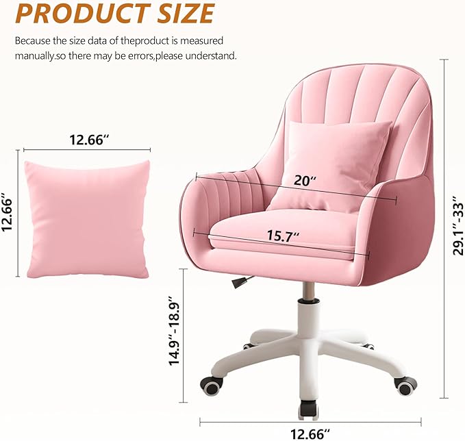 Cute Home Office Chair Velvet Upholstered Desk Chairs with Mid Back Swivel Adjustable Makeup Vanity Computer Chair with Wheels,Pink