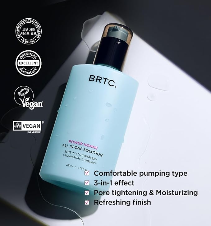 BRTC Power Homme All in One Solution | Men's Face Moisturizer | 3-in-1 (Toner+Lotion+Essence) | Sebum Control, Korean Skincare (200ml, 6.76 fl.oz)
