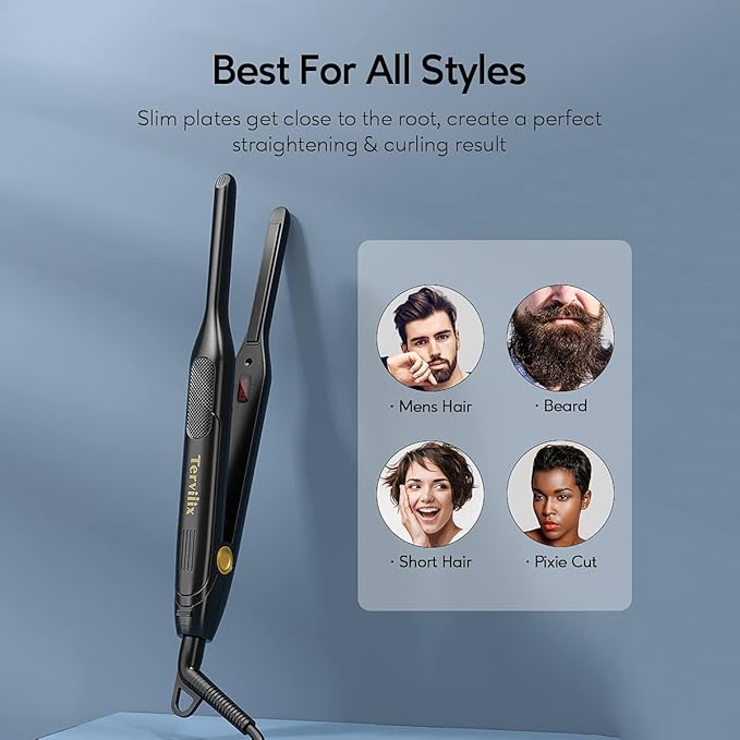 Terviiix Pencil Flat Iron for Edges & Short Hair, 3/10 Inch Small Hair Straightener for Men, Ceramic Mini Flat Iron for Pixie & Beard, 15s Fast Heat up, Dual Voltage, Auto Shut Off