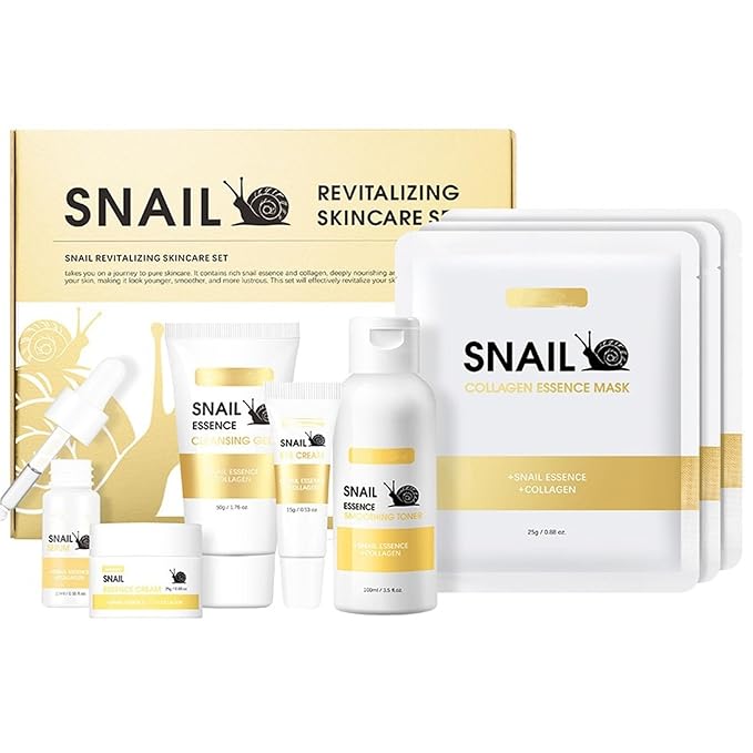6pcs Snail Essence Skin Care Kit, with Cleansing Gel, Toner, Eye Cream, Serum, Essence Cream and Face Mask Korean Skin Care Set, Moisturizing & Nourishing, Minimizes the Look of Wrinkles