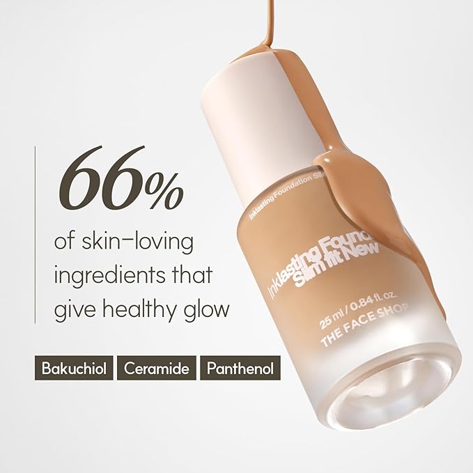 THE FACE SHOP Ink Lasting Liquid Foundation, Full Coverage, 72‑Hour Wear Semi‑Matte Finish, Makeup with Bakuchiol, C110 Apricot Beige, 0.84 Fl. Oz.