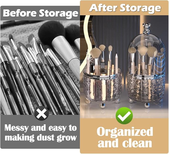 Makeup Brush Holder Organizer with Lid, 360°Rotating Dustproof Makeup Brushes Organizer, 4 Compartment Make Up Brushes Cup for Vanity Desktop Bathroom Countertop (Transparent)