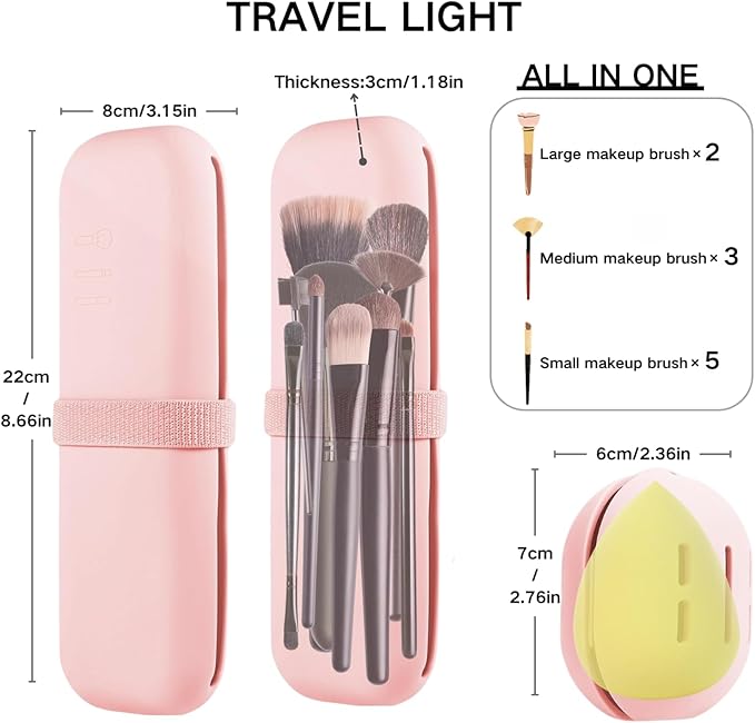 Silicone Makeup Brush Holder Travel Case No Odor Nylon Strap Closure | Water-Resistant Brush Organizer for Travel Makeup Brushes Storage-Pink