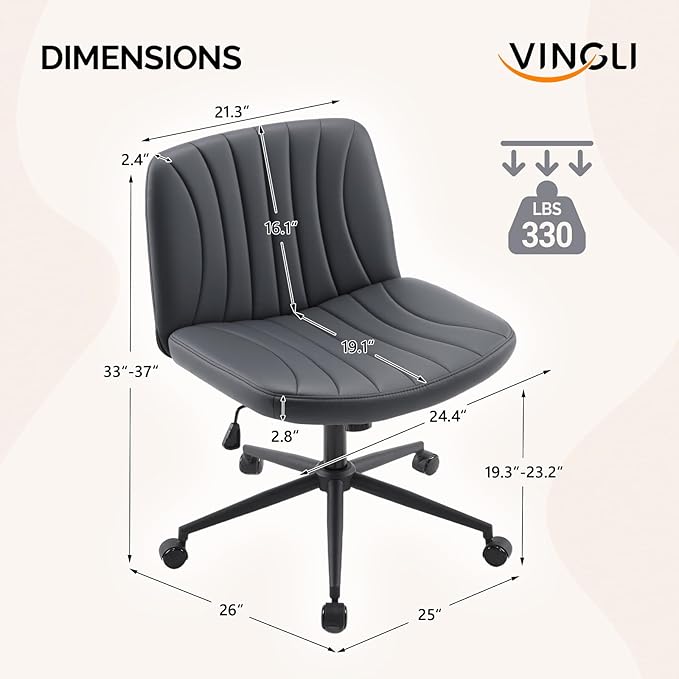 VINGLI Criss Cross Legged Chair,Wide Comfy Office Desk Chair,Dual-Use with/no Wheels Computer Task Chair,Swivel Armless Vanity Rolling Chair for Study,Make Up,Home Office,Cat Scratch PU Leather,Black