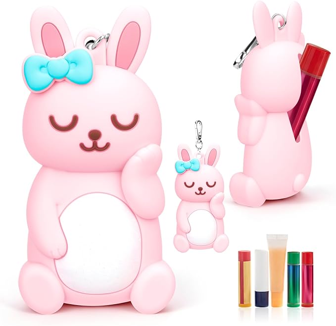 BrainKer Chapstick Holder Key Chain Cute Cartoon Design Lip Balm Holder Keychain Storage Bag Silicone Lip Gloss Holder Case