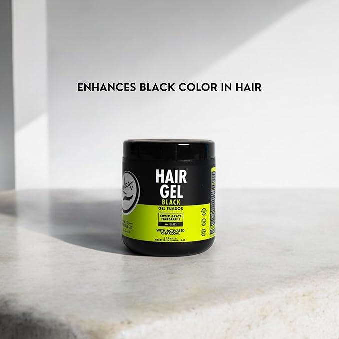 Rolda Black Hair Gel for Men - Medium Hold Styling Gel with Activated Charcoal for Wet Look - Covers Grays & Enhances Black Hair - Flake + Alcohol Free (17.6 oz)