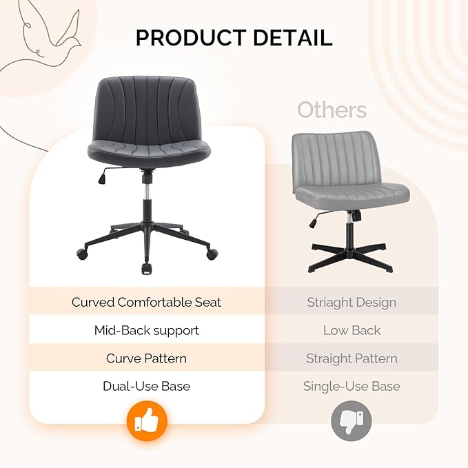 VINGLI Criss Cross Legged Chair,Wide Comfy Office Desk Chair,Dual-Use with/no Wheels Computer Task Chair,Swivel Armless Vanity Rolling Chair for Study,Make Up,Home Office,Cat Scratch PU Leather,Black