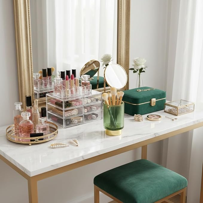 Glass Makeup Brush Holder Organizer, Gold Toothbrush Holders for Bathroom, Green Makeup Brush Holder Cup for Vanity, Desktop Crystal Eyeliners Eyebrow Pencil Storage Cup Holder