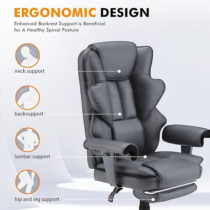 HOMREST 6-Point Massage Executive Chair, Ergonomic Heated Office Chair with Adjustable Backrest and Armrest, Home Office Desk Chairs with Retractable Footrest(‌SlateGray‌)