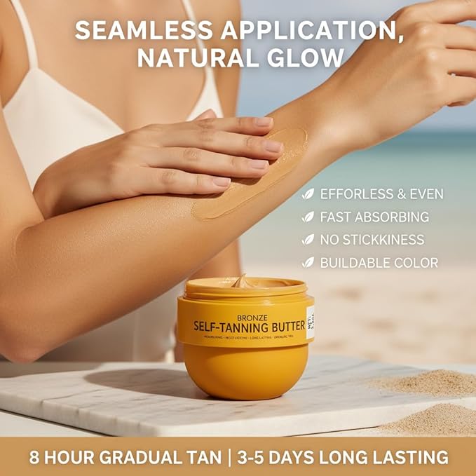 Tanning Butter Gradual Tanning Lotion with Active Skincare, Hydrating Self Tanner for Body with Niacinamide, Hyaluronic Acid and Vitamin E – No Orange Tones 5.3 fl oz (150ml) (2PCS)