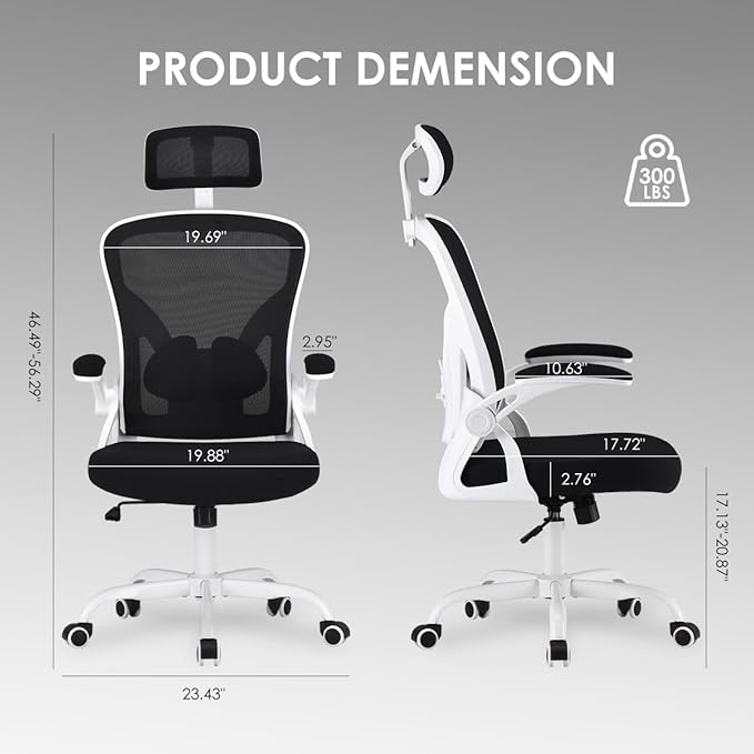 Farini Ergonomic Office Chair, Home Office Desk Chair with Headrest, High Back Swivel Computer Chair with Armrests and Adjustable Lumbar Support for Home Office Study Room, White & Black