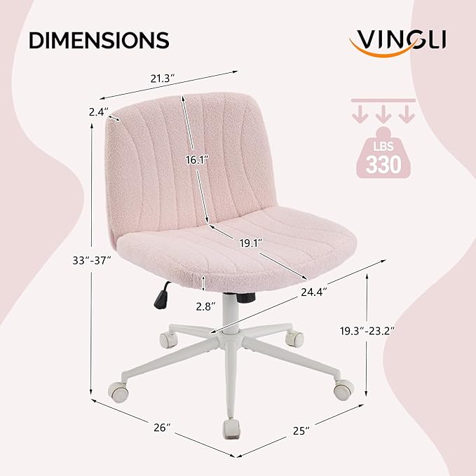 VINGLI Criss Cross Legged Chair,Wide Comfy Office Desk Chair,Dual-Use with/no Wheels Computer Task Chair,Swivel Armless Vanity Boucle Chair for Study,Make Up,Home Office,Teddy Fleece,Pink