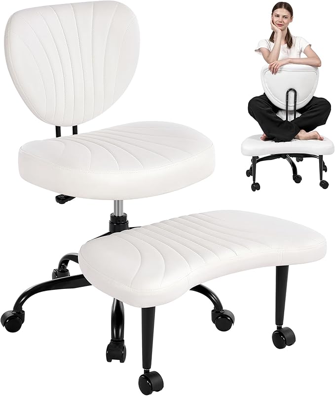 Cross Legged Office Chair, Ergonomic Criss Cross Chair with Wheels, 360° Swivel Height-Adjustable Meditation Chair for Yoga & ADHD, Wide Kneeling Chair with Strong Lumbar Support (White) BPY01W