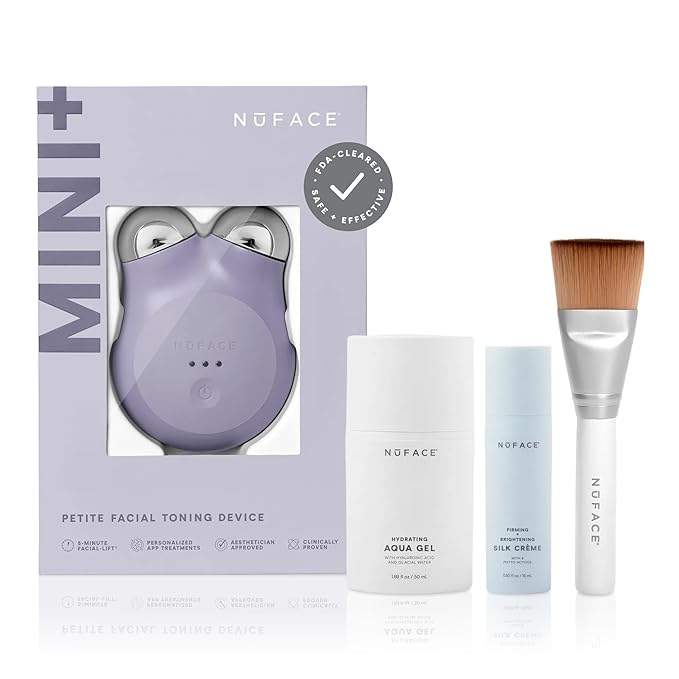 NuFACE MINI+ Microcurrent Facial Device Kit - FDA Cleared Face Sculpting & Skin Tightening Device to Contour, Lift & Tone + Microcurrent Gel Activator & Silk Creme - Violet Dusk