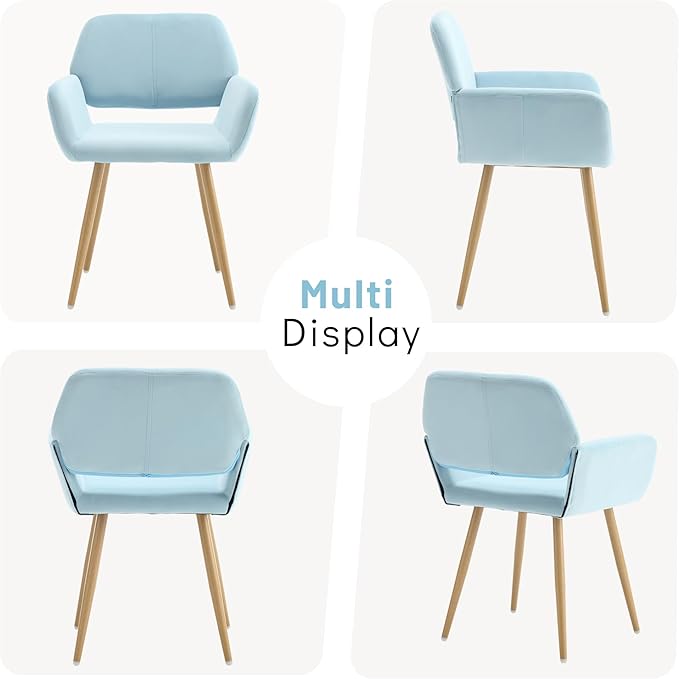 KCC Small Modern Dining Room Arm Chairs Set of 2, Mid-Century Upholstered Velvet Side Seat Club Guest with Metal Tube Legs for Kitchen, Living Room, Blue