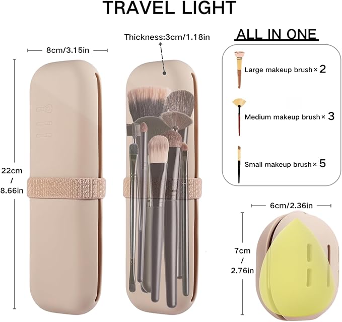 Silicone Makeup Brush Holder Travel Case No Odor Nylon Strap Closure | Water-Resistant Brush Organizer for Travel Makeup Brushes Storage-Khaki