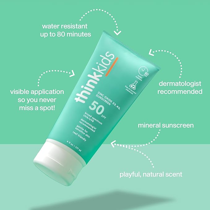 Thinkkids SPF 50+ Mineral Sunscreen, 6 Fl Oz – Safe, Natural Baby Mineral Sunscreen for Children - Water Resistant Sun Cream – Broad Spectrum UVA/UVB Sun Protection – Reef Safe