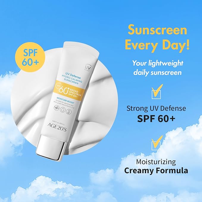 AGE20'S UV Defense Hydro Calming Sunscreen SPF 60+ | Korean Sunscreen | Moisturizing Creamy Formula, No White Cast, Lightweight Finish | Green Tea + Aloe Vera | Dermatest Excellent | 1.69 fl.oz*2 | UV Defense, Hydro Calming, Korean Sunscreen, No White ...