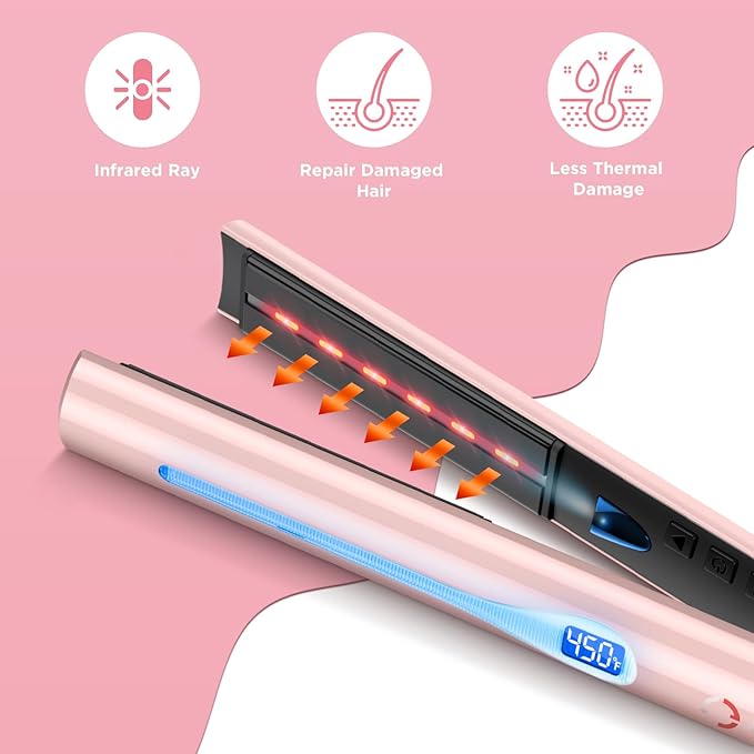 IG INGLAM Titanium Flat Iron Hair Straightener, Infrared Curling Iron 1 Inch, Negative Ionic Dual Voltage Straightener 11 Adjust Temp 250°F to 450°F, Shiny Hair 110-240V, Gift, Pink