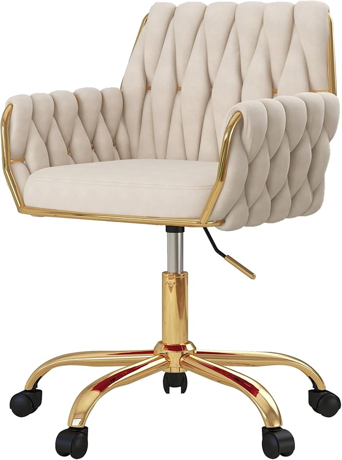 Woven 360°Swivel Desk Chair, Velvet Height Adjustable Home Office Armchair with Golden Base for Teens Women Girls, Upholstery Computer Chair for Home Studios and Office, Woven & Beige
