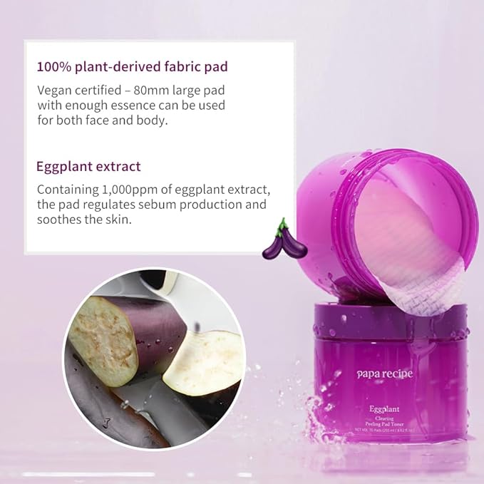 Papa Recipe Clearing Exfoliating Toner Pads – Dual-sided Korean Skin Care Pads with 1,000ppm of Eggplant Extract, AHA BHA PHA - Exfoliates, Hydrates & Smooths Skin Texture for Sensitive Skin - 70ct