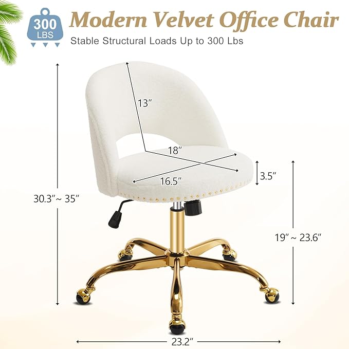 VINGLI Modern Teddy Fluffy Small Office Chair,Cute Desk Chair with Wheels,Gold Base/Studs, Comfy Armless Swivel Vanity Task Chair for Women/Girl/Kids, Nail Tech Chair for Bedroom,Small Space,White