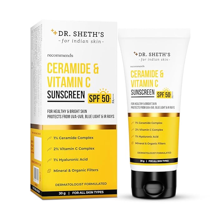 Dr. Sheth's Ceramide & Vitamin C Sunscreen In-Vivo Tested Protects, Moisturizes & Brightens Skin SPF 50+ PA++++ Lightweight, Leaves No White Cast 30 g
