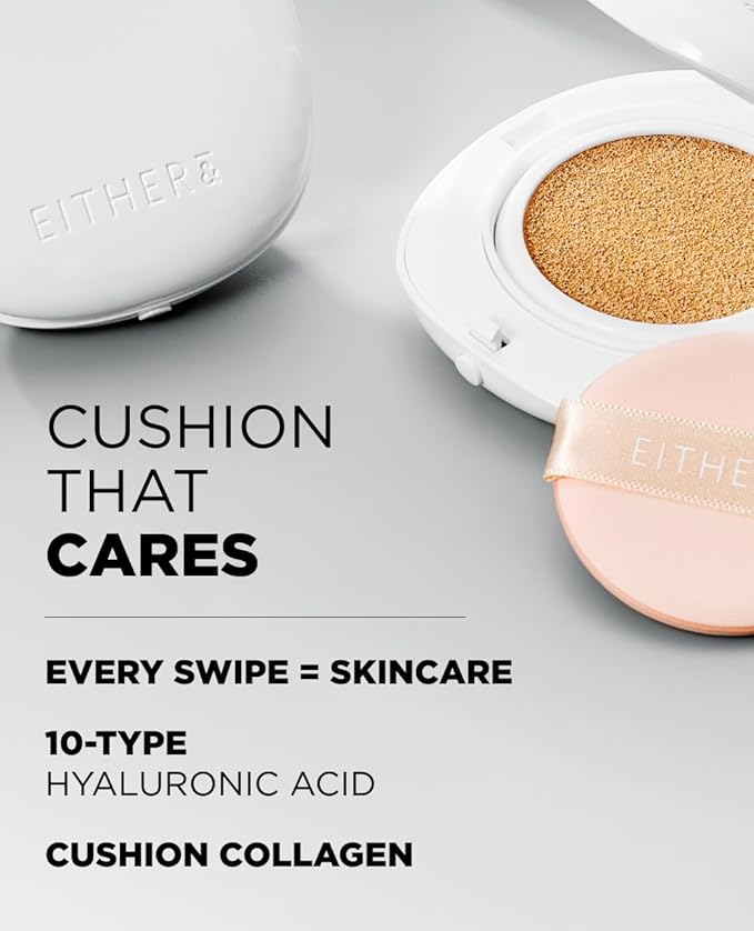 EITHER& Glow Pixel Cushion Foundation, Korean Glass Skin Finish, 62% Skincare-Infused, Antioxidant-Rich, Long-Lasting, Buildable Coverage (40N Espresso, 12g)