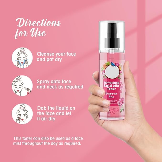 RG Bulgarian Rose Refreshing Facial Mist Toner - Instant Freshness, Shrinks Pores | Normal to Oily Skin | 200ml | Alcohol-Free, Paraben-Free