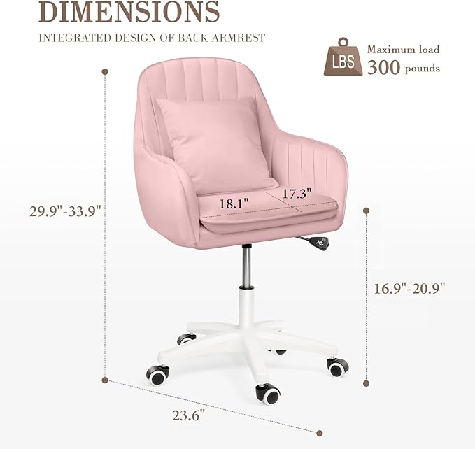 Mid Back Velvet Vanity Chair Swivel Rolling Desk Chair with Wheels, Modern Upholstered Makeup Chair for Women Girls, Computer Task Chair for Bedroom Living Room Office, Pink