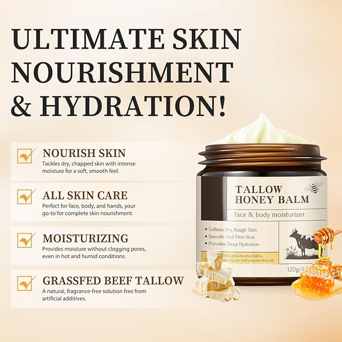 Beef Tallow Balm Skincare for Women,Moisturizer Tallow and Honey Cream for Face & Body,Deeply Hydrating Beef Tallow Skin care for All the Skin Type,White(120g/4.23 Oz)