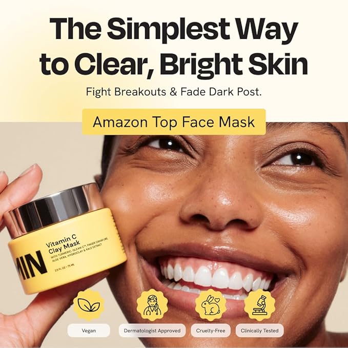 Gleamin Vitamin C Clay Mask for Dark Spots - Brightening Clay Face Mask with Turmeric, Deep Cleansing & Pore Refining Treatment, Helps Improve Uneven Tone & Post-Blemish Texture, 5 oz Up to 40 Uses