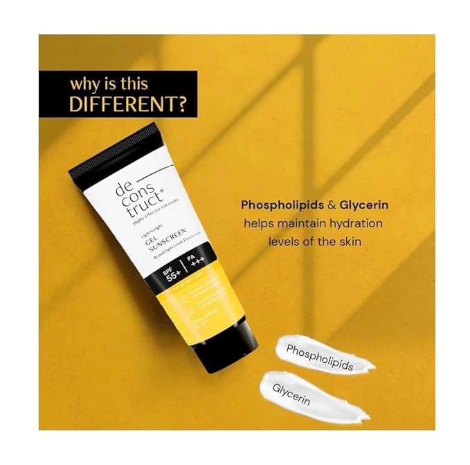 De Construct Lightweight Gel Sunscreen, SPF 55+ PA+++, Broad Spectrum Protection, Non-Oily, No White Cast, Water Resistant, 50g